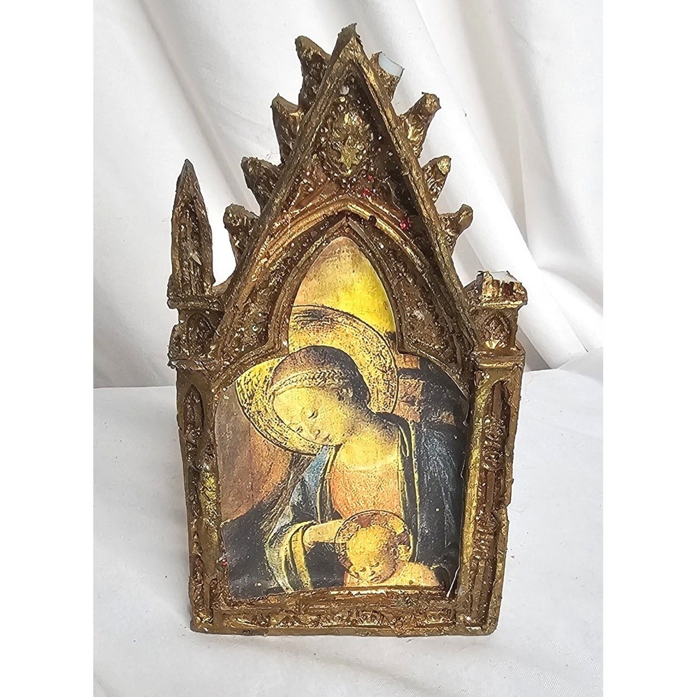 Unbranded Madonna and Child Icon 5.5in Gold Gothic Arch Religious Decor